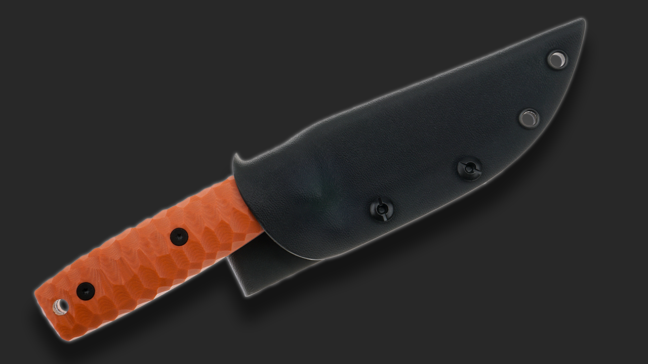 Sackimesser 3.0 (Carbonstahl Stonewash / Micarta orange mit Rockfinish / Kydexscheide schwarz / mit Gürtelhalter)