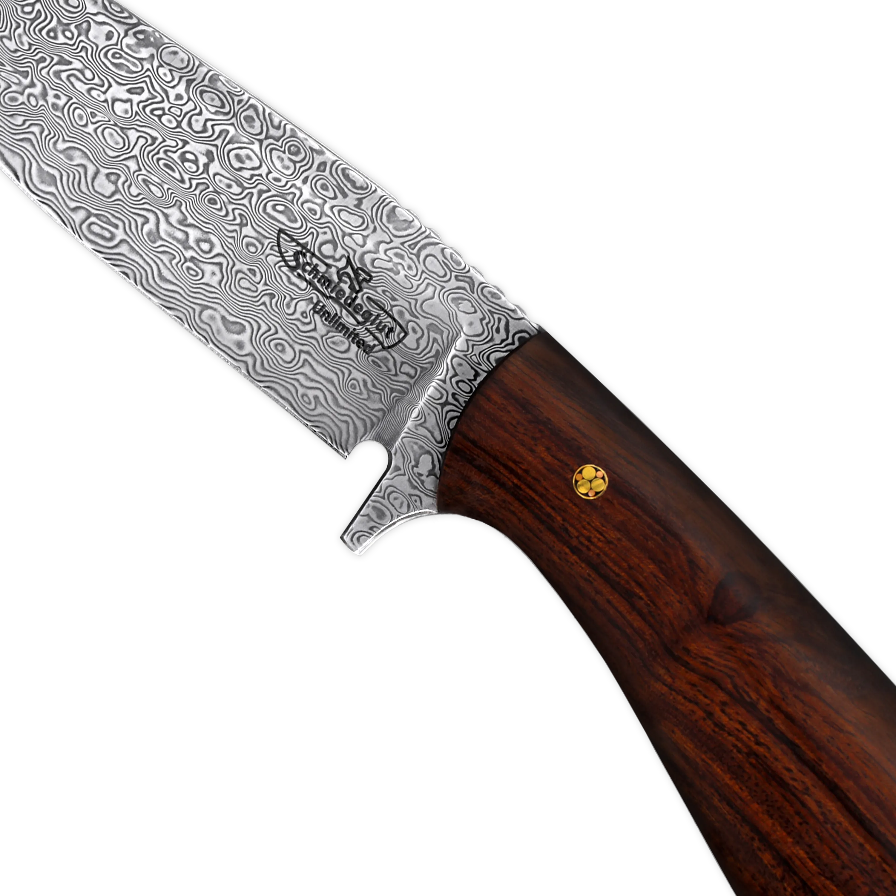 X-Hunter UNLIMITED (Inox Damast / Wüsteneisenholz / Lederscheide braun)