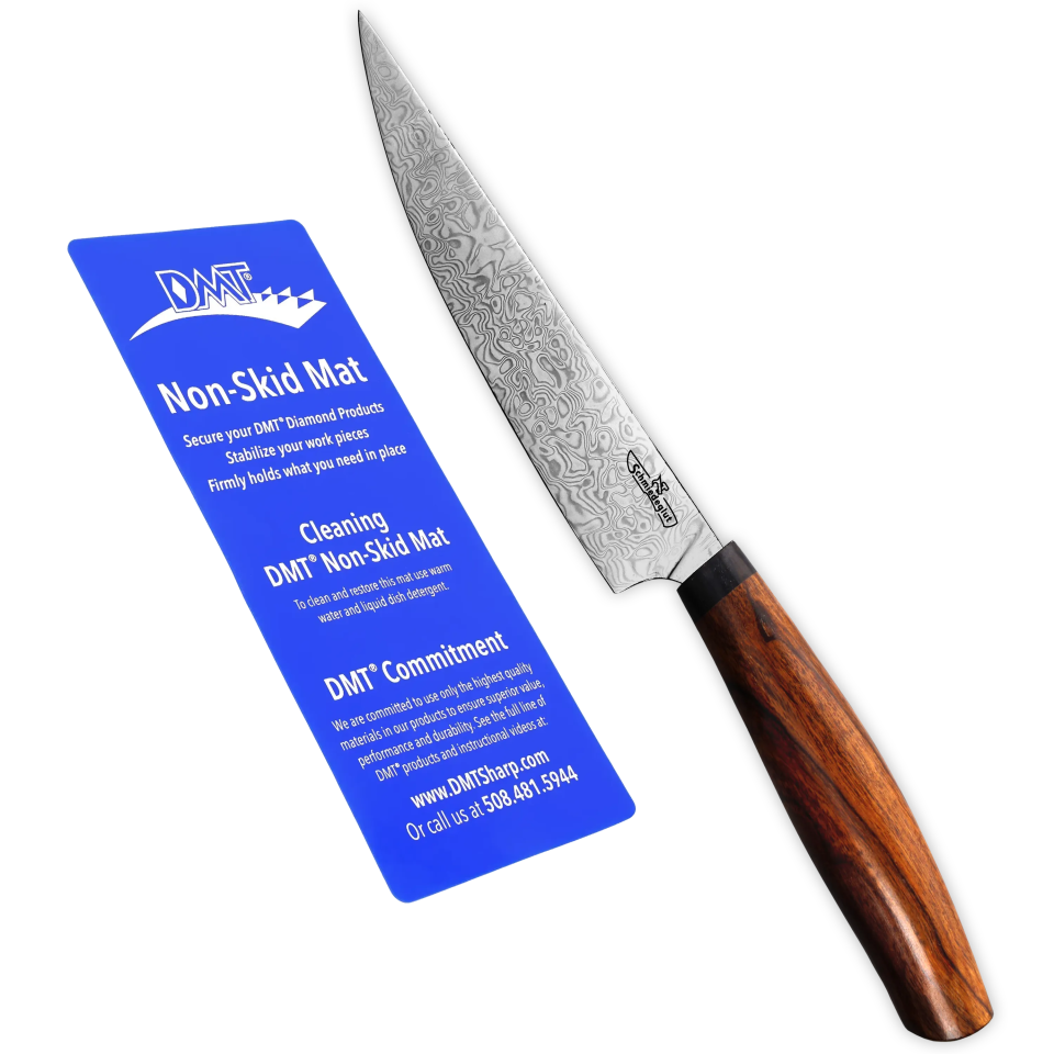 Allzweckmesser Rostfreier Damast Hochglanzpoliert Wüsteneisenholz + DMT Anti-Rutschmatte
