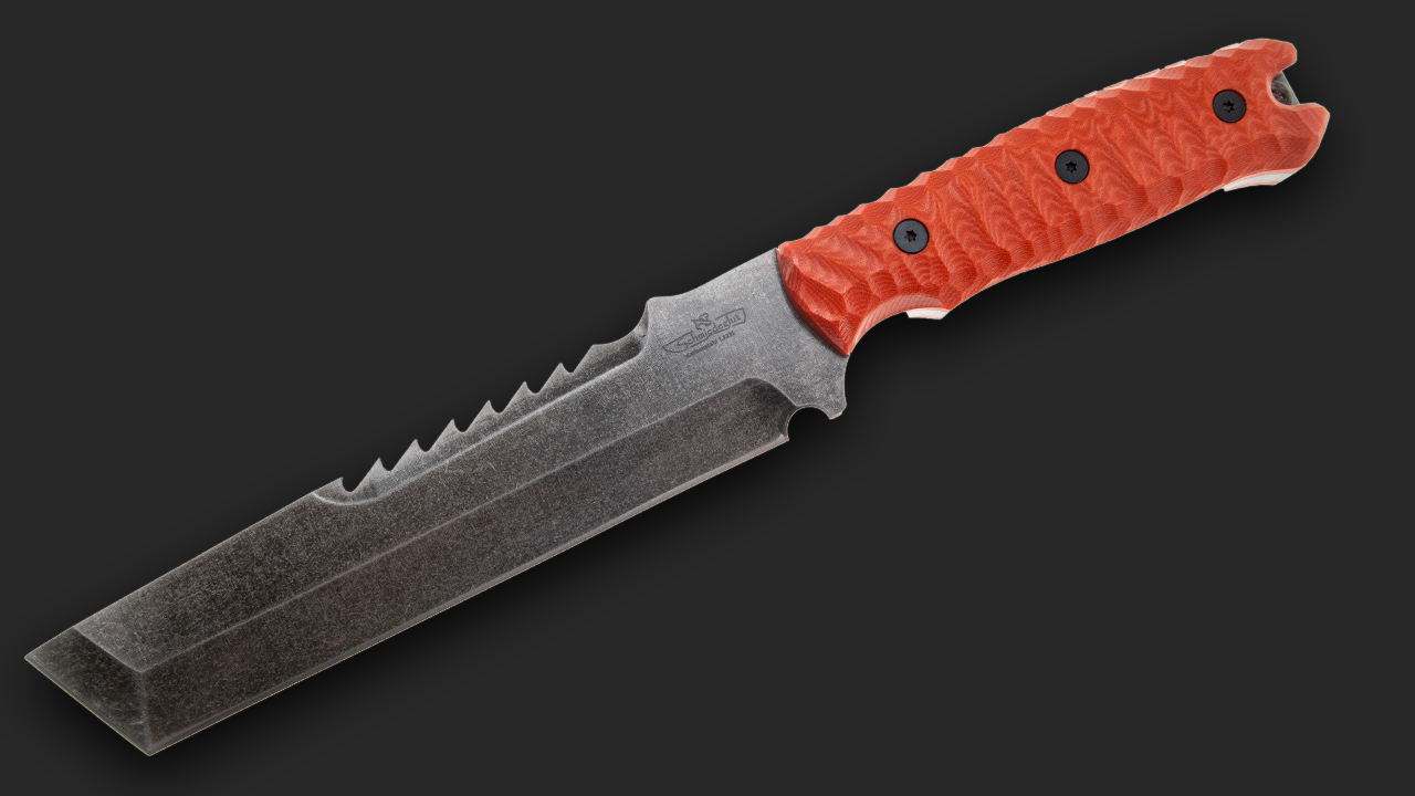 Breacher 2.0 - Carbonstahl Stonewash / Micarta orange Rockfinish / Kydexscheide / mit Gürtelhalter