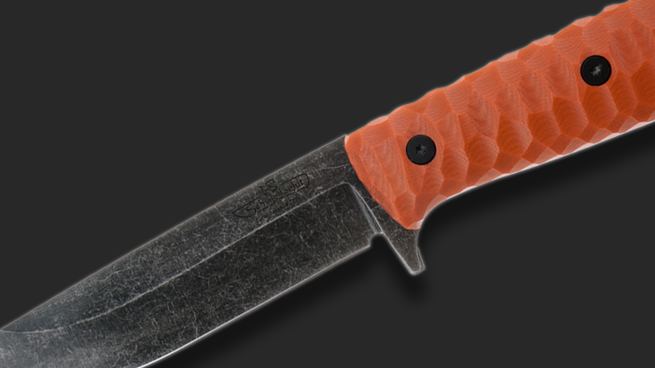 Sackimesser 3.0 (Carbonstahl Stonewash / Micarta orange mit Rockfinish / Kydexscheide schwarz / mit Gürtelhalter)