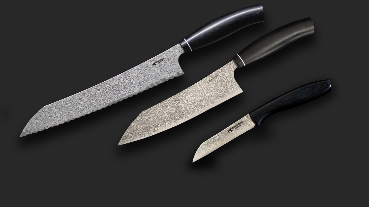 Schmiedeglut Essential - Küchenmesser Set in G10 (poliert & geätzt) Schmiedeglut Essential - Küchenmesser Set in G10 (poliert & geätzt)