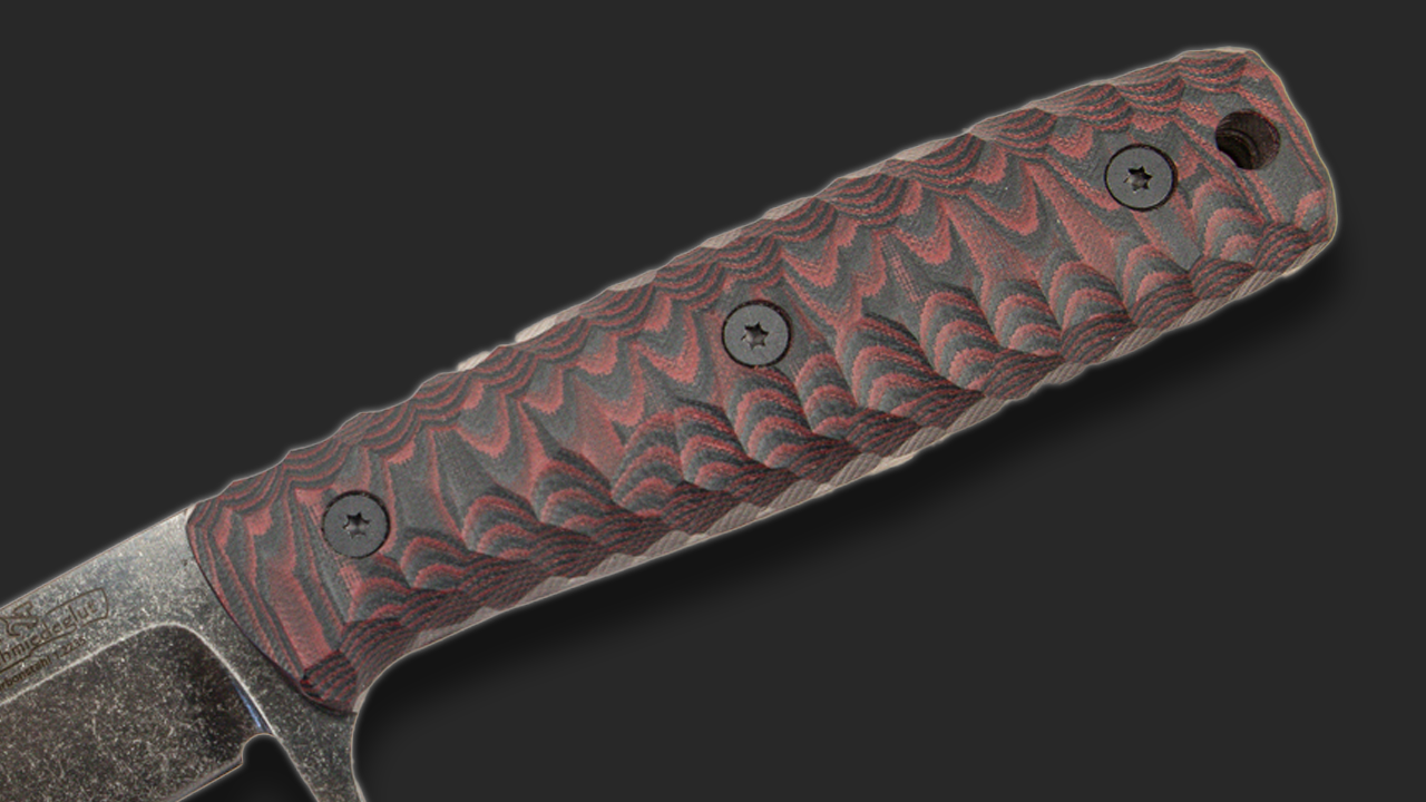 Sackimesser 3.0 (Carbonstahl Stonewash / Micarta rot-schwarz mit Rockfinish / Kydexscheide schwarz / mit Gürtelhalter)