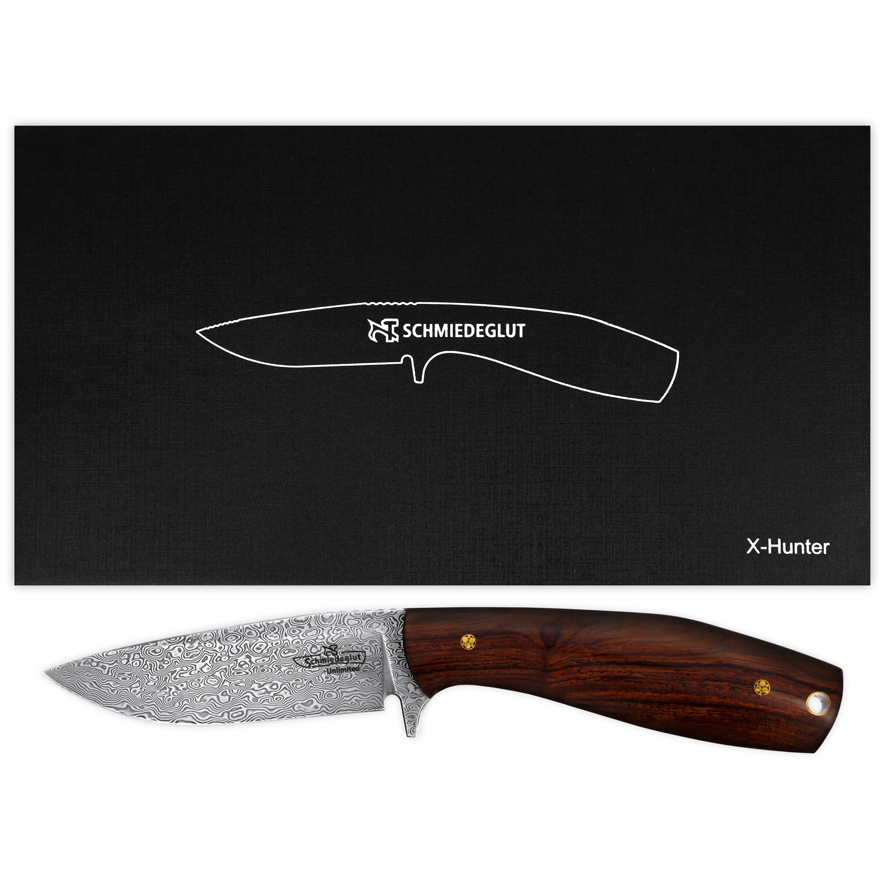 X-Hunter UNLIMITED (Inox Damast / Wüsteneisenholz / Lederscheide braun)