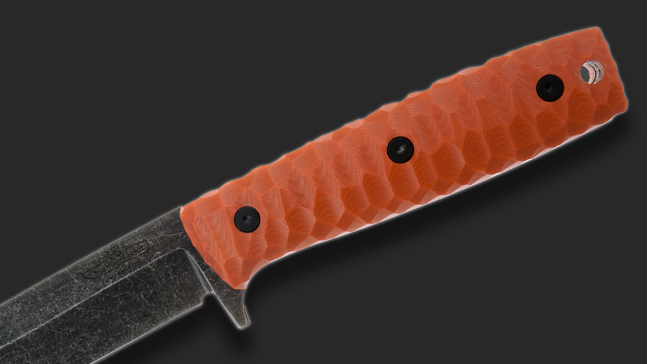 Sackimesser 3.0 (Carbonstahl Stonewash / Micarta orange mit Rockfinish / Kydexscheide schwarz / mit Gürtelhalter)