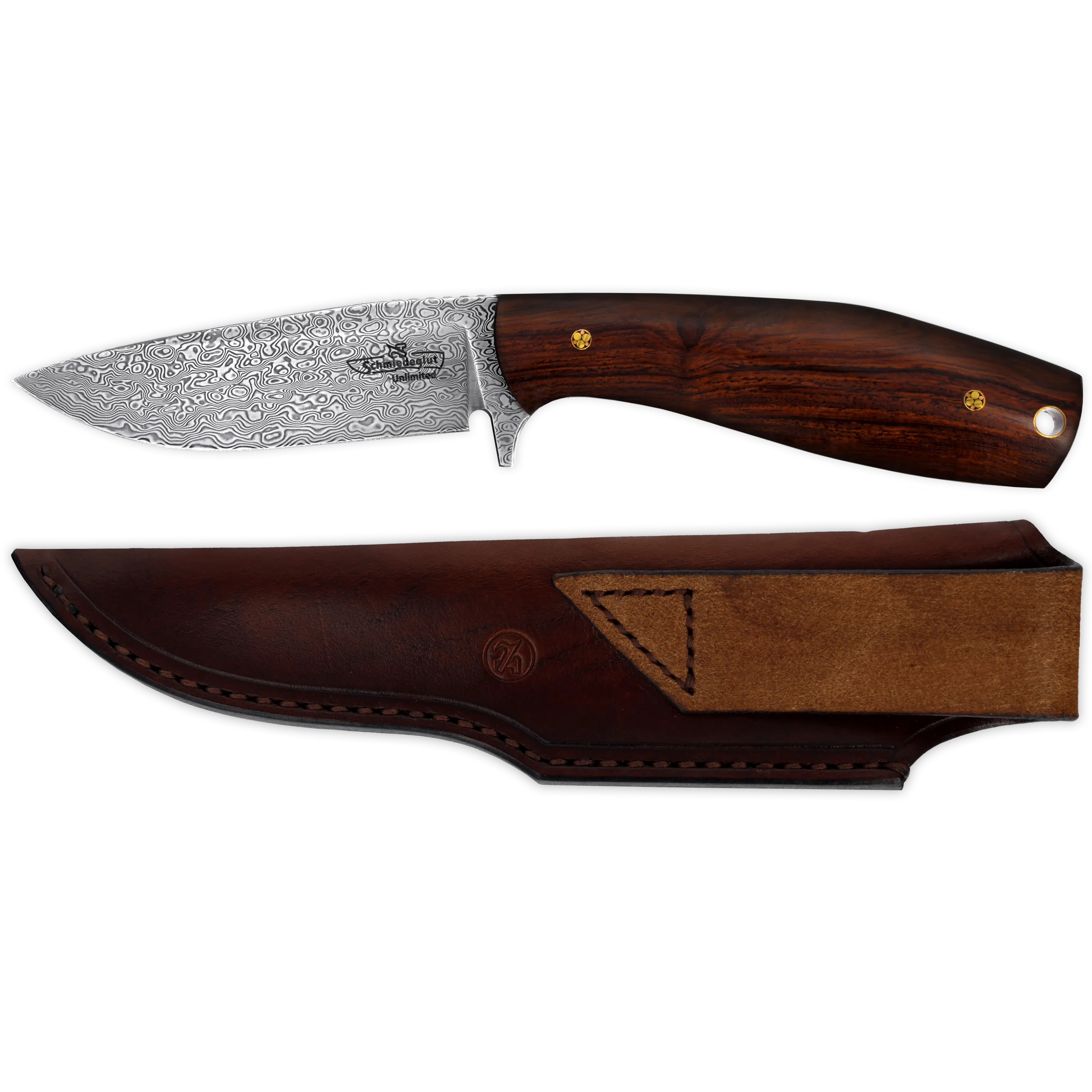 X-Hunter UNLIMITED (Inox Damast / Wüsteneisenholz / Lederscheide braun)
