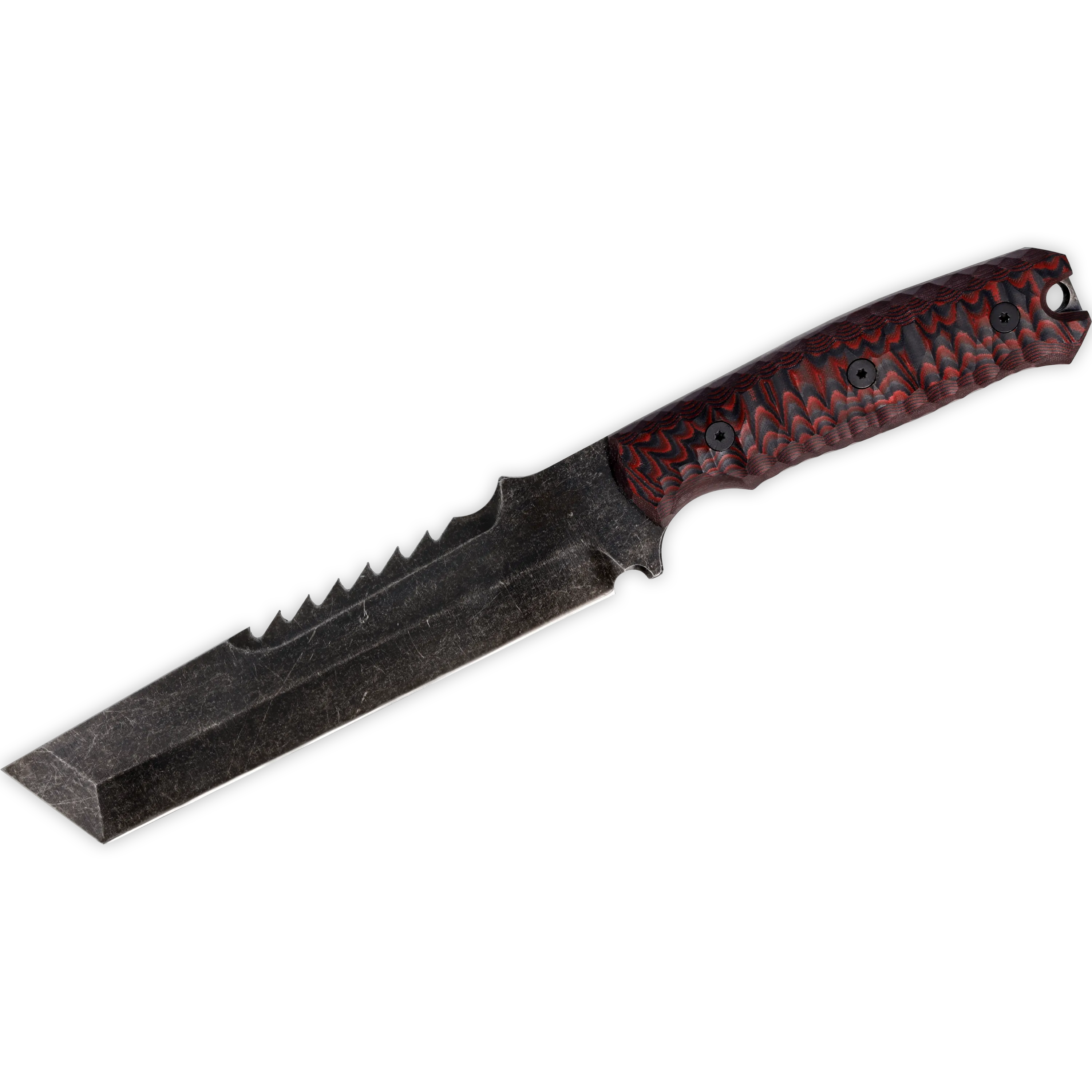 Breacher 2.0 - Carbonstahl Stonewash / Micarta schwarz-rot Rockfinish / Kydexscheide / mit Gürtelhalter