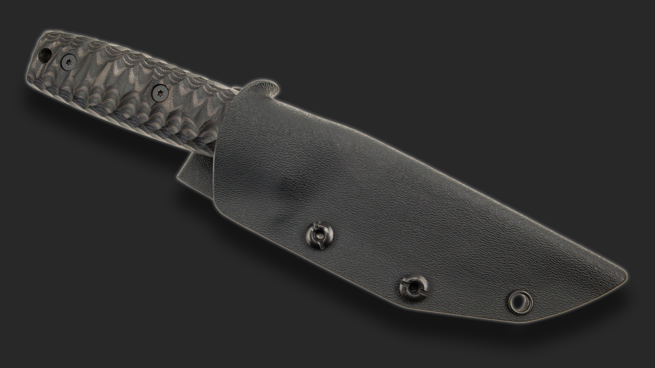 Sackimesser 3.0 (Carbonstahl Stonewash / Micarta braun-schwarz mit Rockfinish / Kydexscheide schwarz / mit Gürtelhalter)