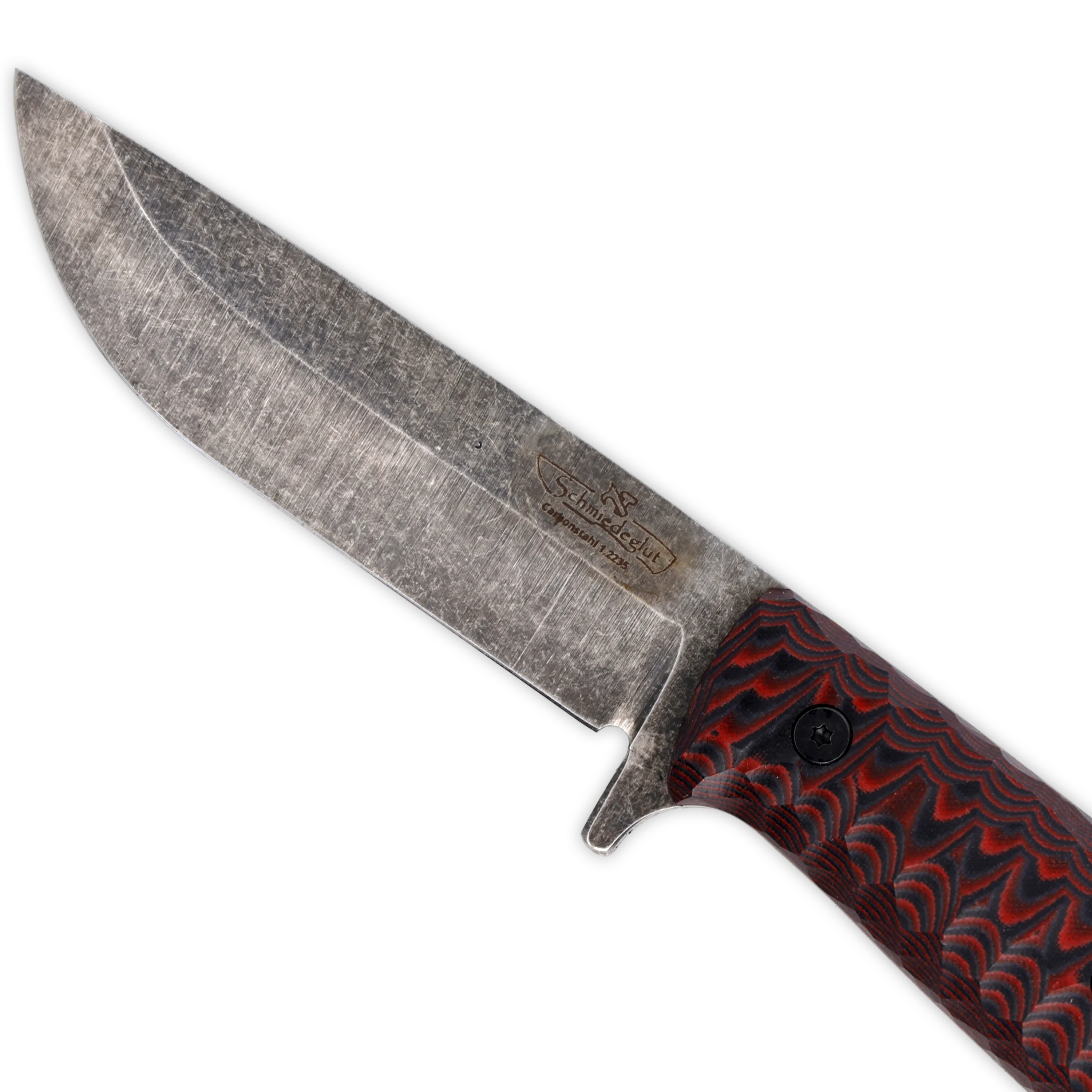 Sackimesser 3.0 (Carbonstahl Stonewash / Micarta rot-schwarz mit Rockfinish / Kydexscheide schwarz / mit Gürtelhalter)