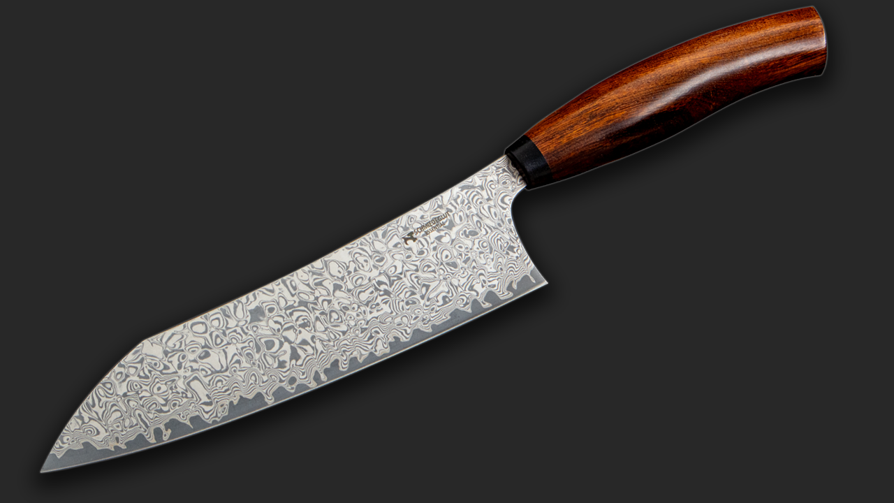 Santoku Essential Kontraststark geätzt Wüsteneisenholz + Diamantleder Essential