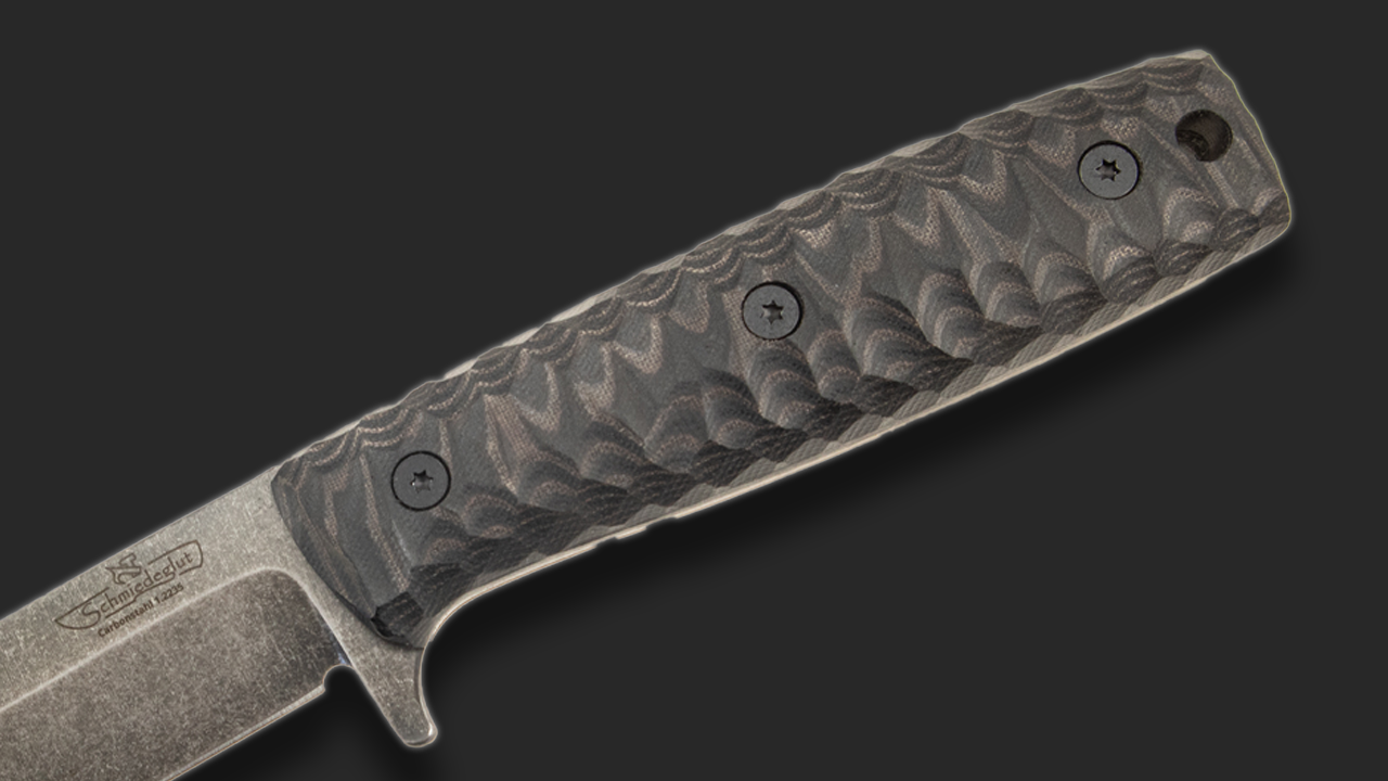 Sackimesser 3.0 (Carbonstahl Stonewash / Micarta braun-schwarz mit Rockfinish / Kydexscheide schwarz / mit Gürtelhalter)