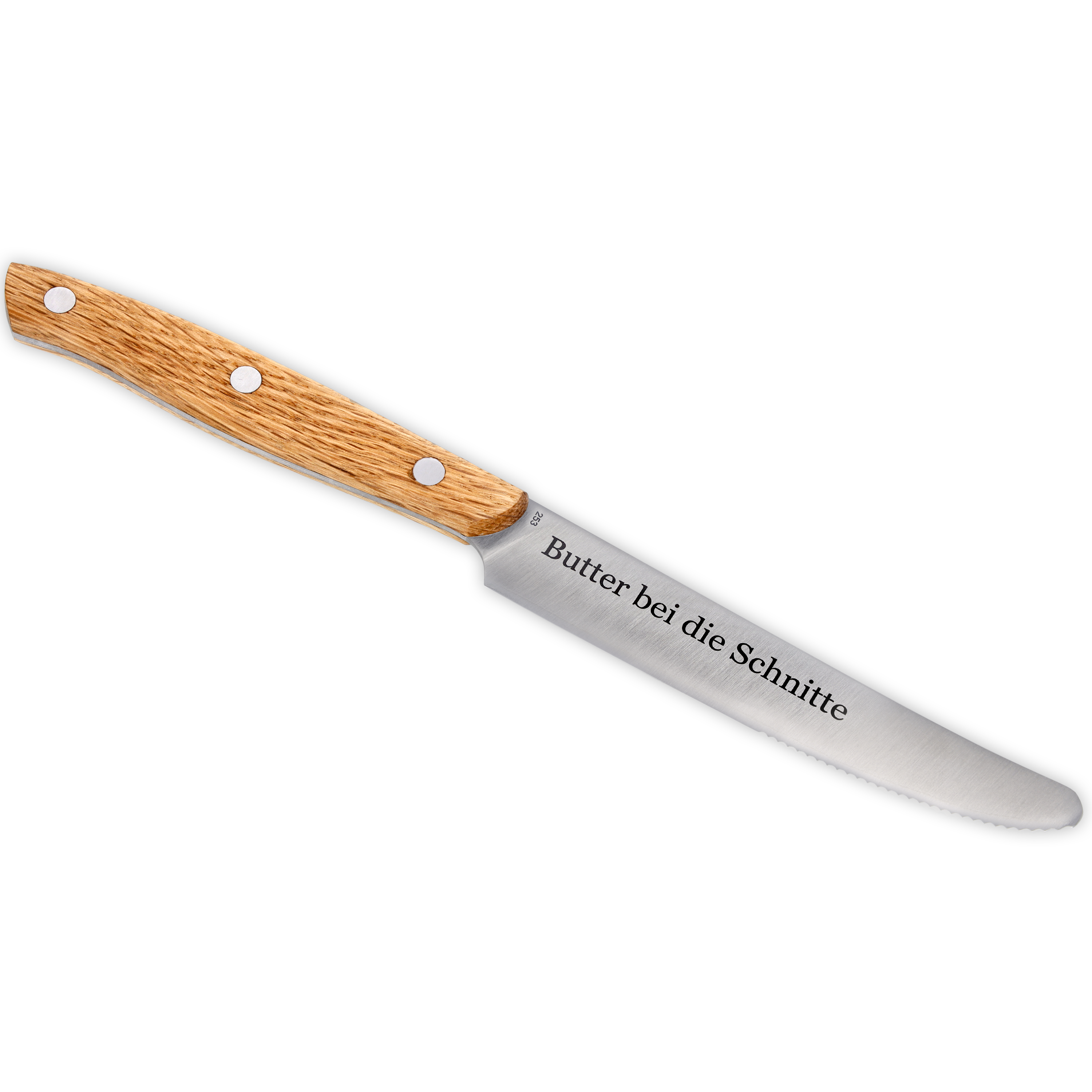 Brotzeitmesser (Dreilagenstahl / Griff Eiche / Nieten Edelstahl) mit Gravur