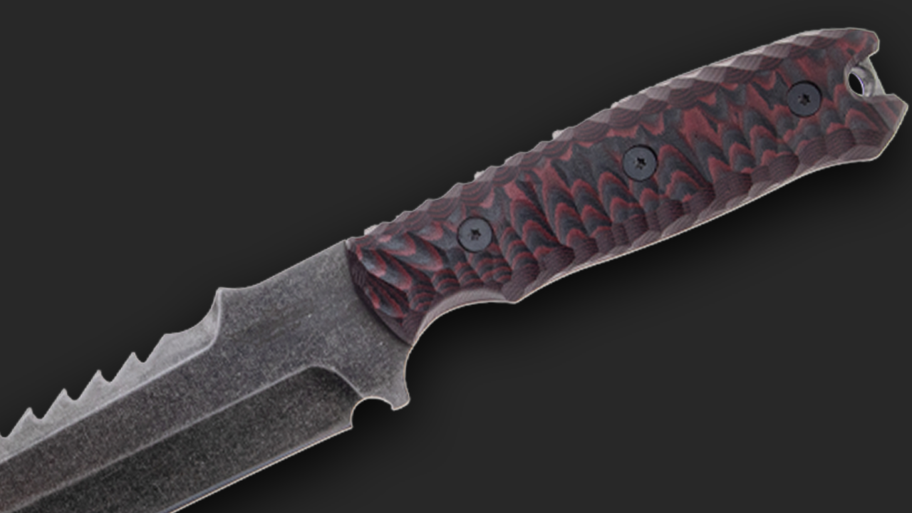 Breacher 2.0 - Carbonstahl Stonewash / Micarta schwarz-rot Rockfinish / Kydexscheide / mit Gürtelhalter