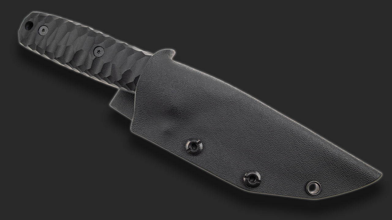 Sackimesser 3.0 (Carbonstahl Stonewash / Micarta schwarz mit Rockfinish / Kydexscheide schwarz /mit Gürtelhalter)
