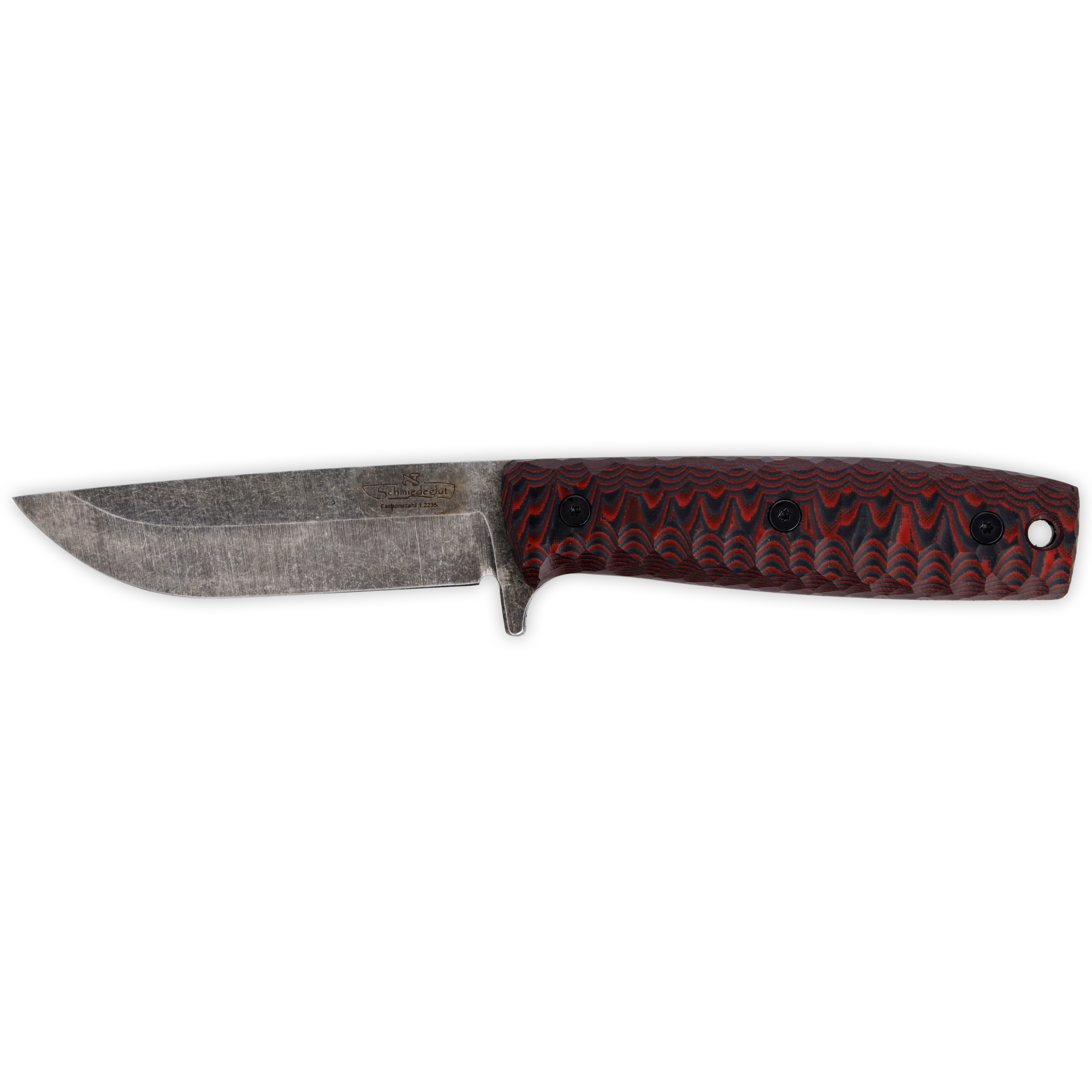 Sackimesser 3.0 (Carbonstahl Stonewash / Micarta rot-schwarz mit Rockfinish / Kydexscheide schwarz / mit Gürtelhalter)