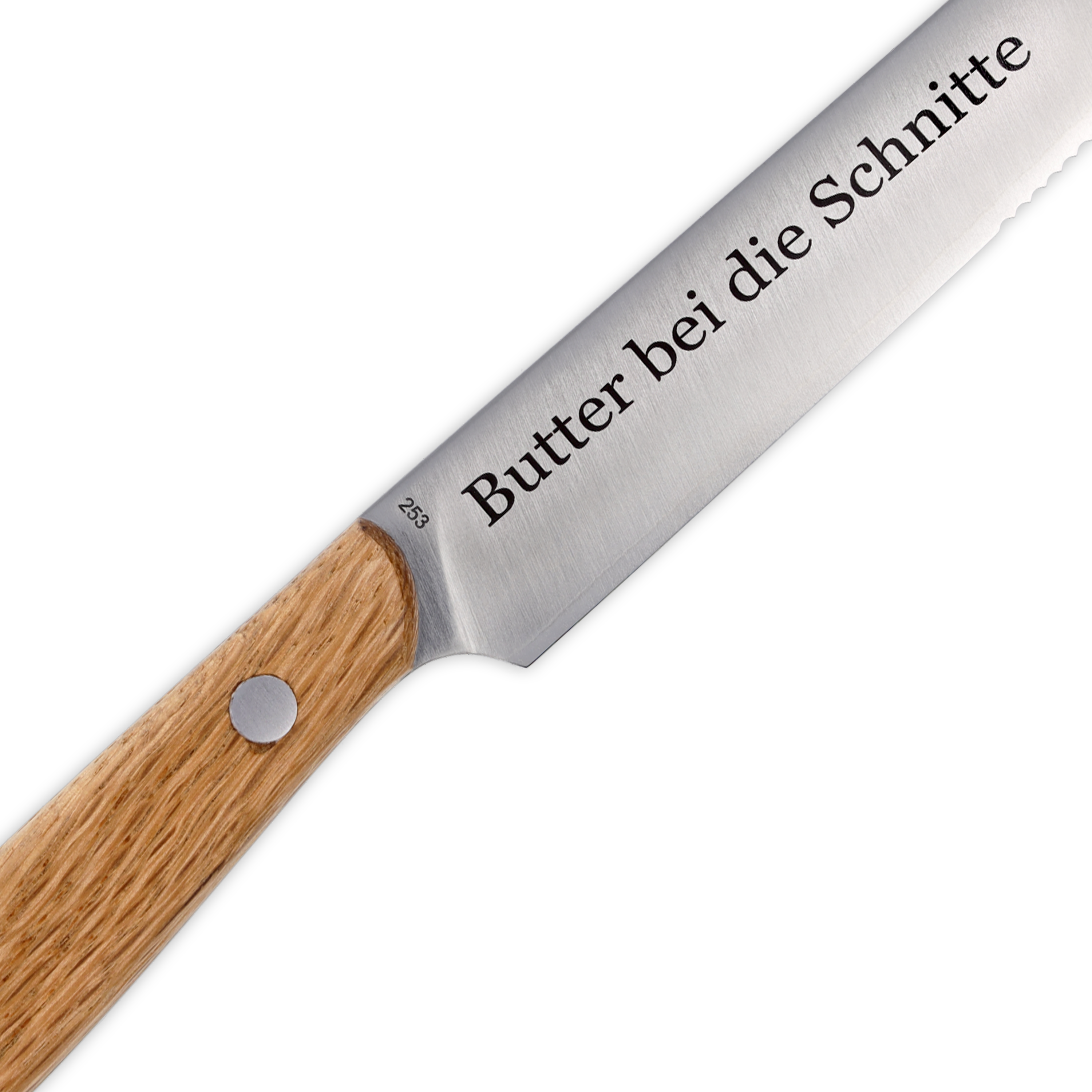 Brotzeitmesser (Dreilagenstahl / Griff Eiche / Nieten Edelstahl) mit Gravur