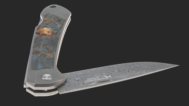Gourmet Klappmesser Unlimited Konfigurator grau Maserholz Blau (stabilisiert Raffir)