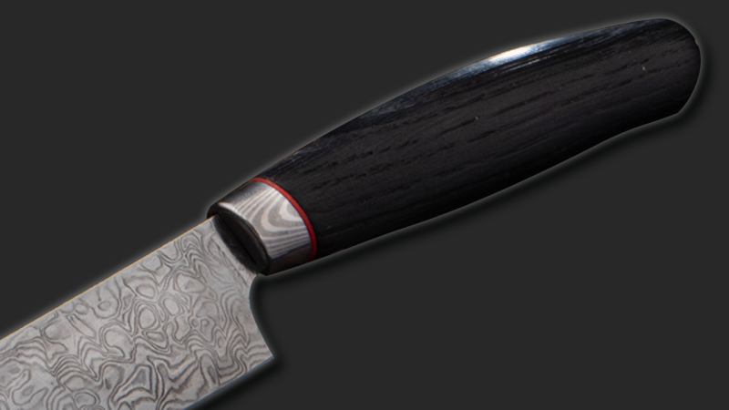 Utility knife unlimited (blade 110 layer full stainless steel damascus polished, hardness 60-61HRC, burned oak handle, bolster 110 layer full stainless steel damascus, rust red G10 liner),